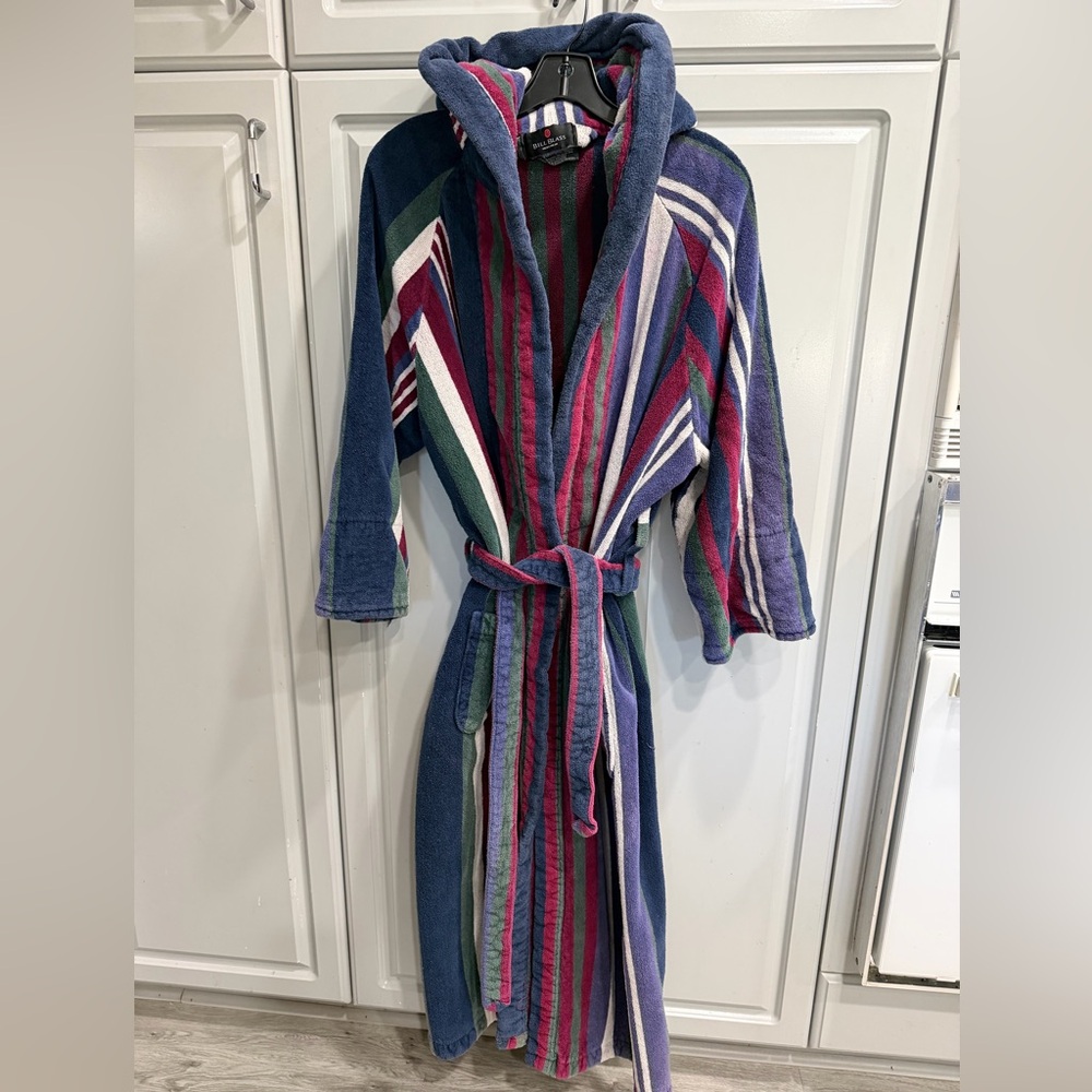 BILL BLASS Terry Cloth Vintage Striped Hooded Bathrobe belt & pockets 3/4 sleeve - Picture 6 of 15